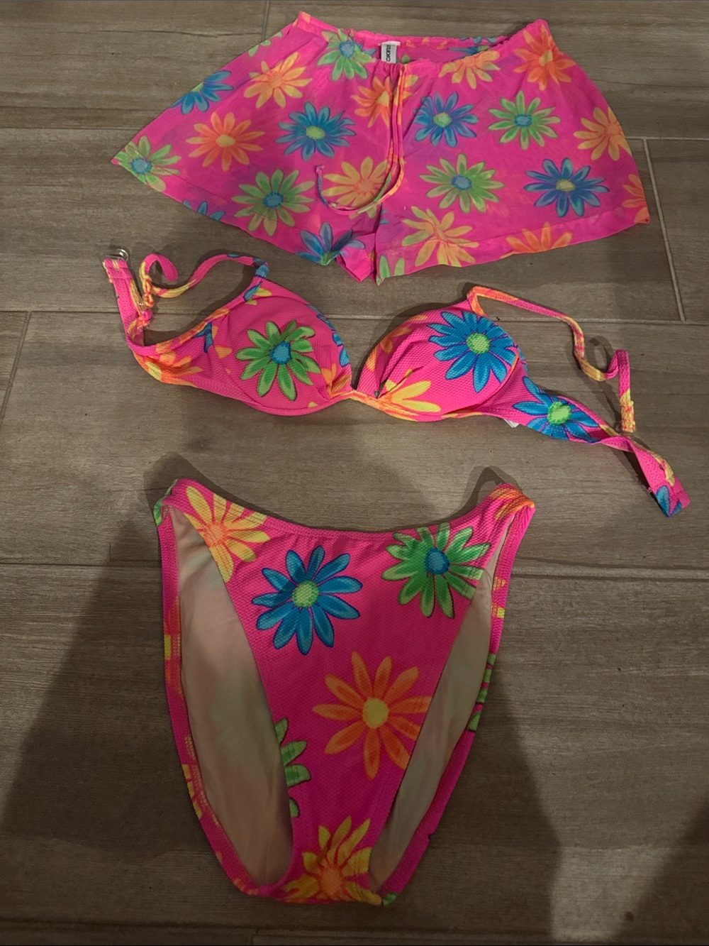 STUDIO 3 pc set Vintage Tropical Neon Pink high-cut 2 bikini & Shorts 7/8